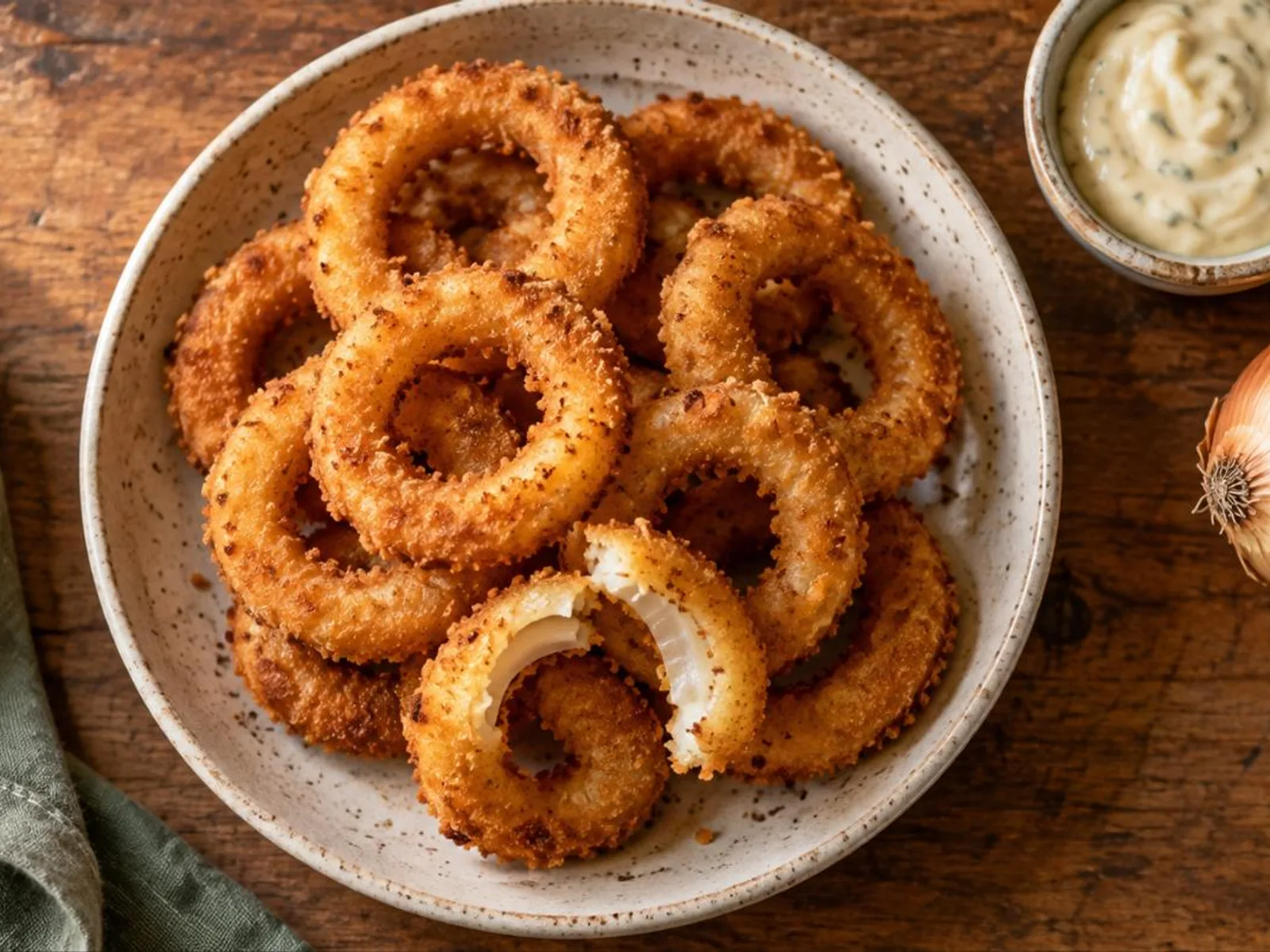 Anéis de cebola empanados na air fryer