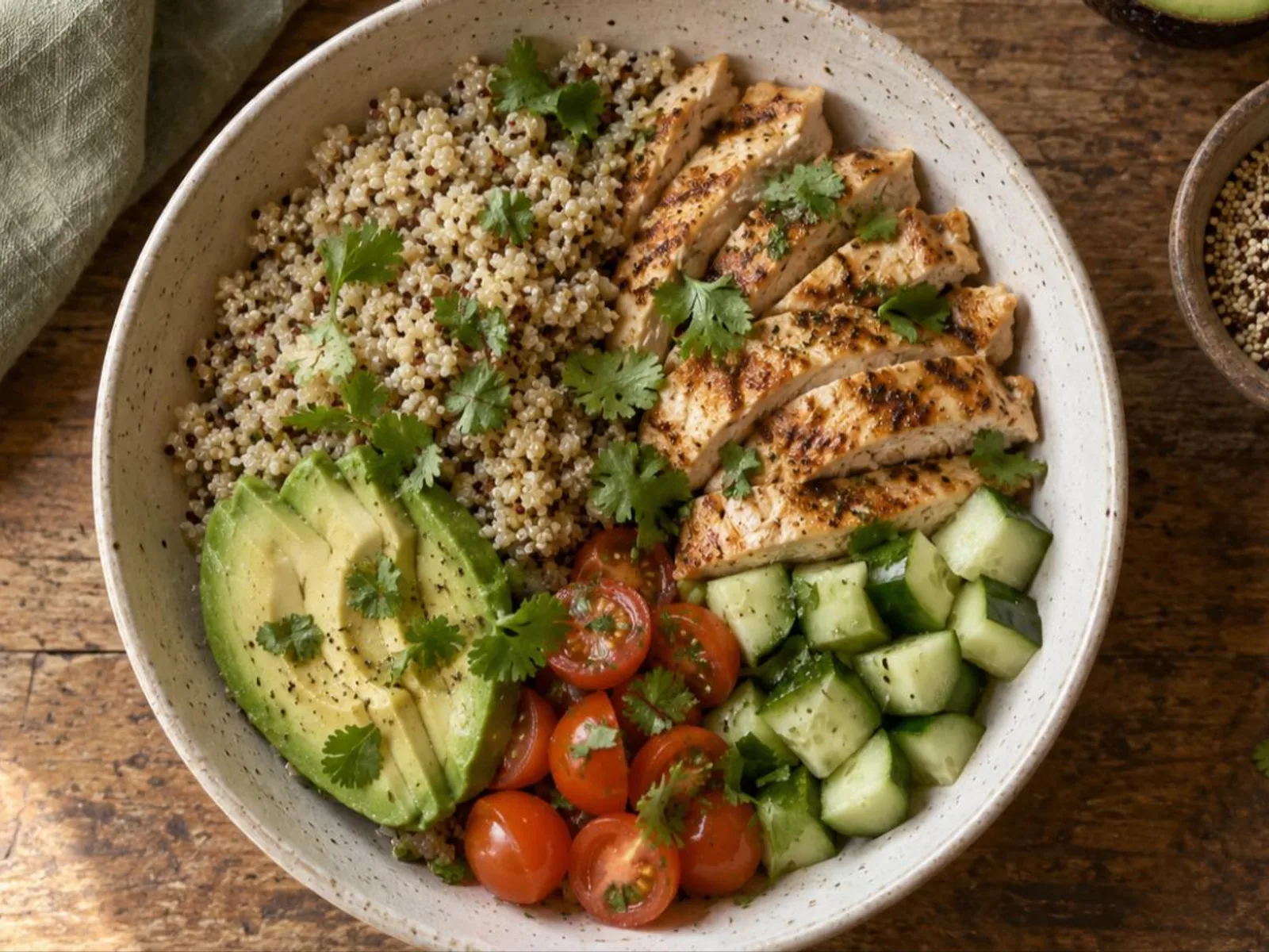 Bowl de quinoa com frango e abacate