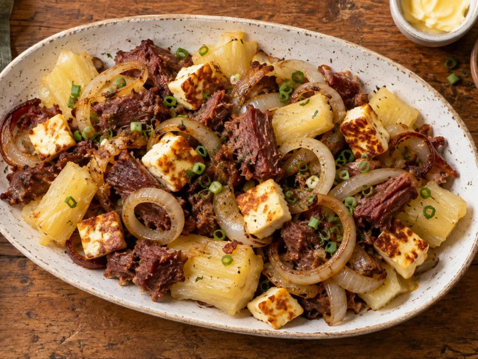 Carne de sol com mandioca na manteiga de garrafa