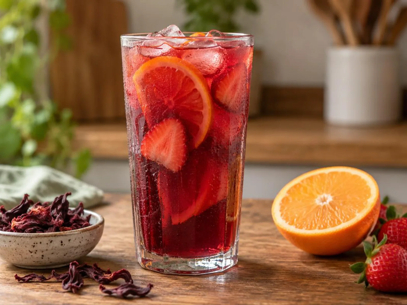 Chá gelado de hibisco com frutas