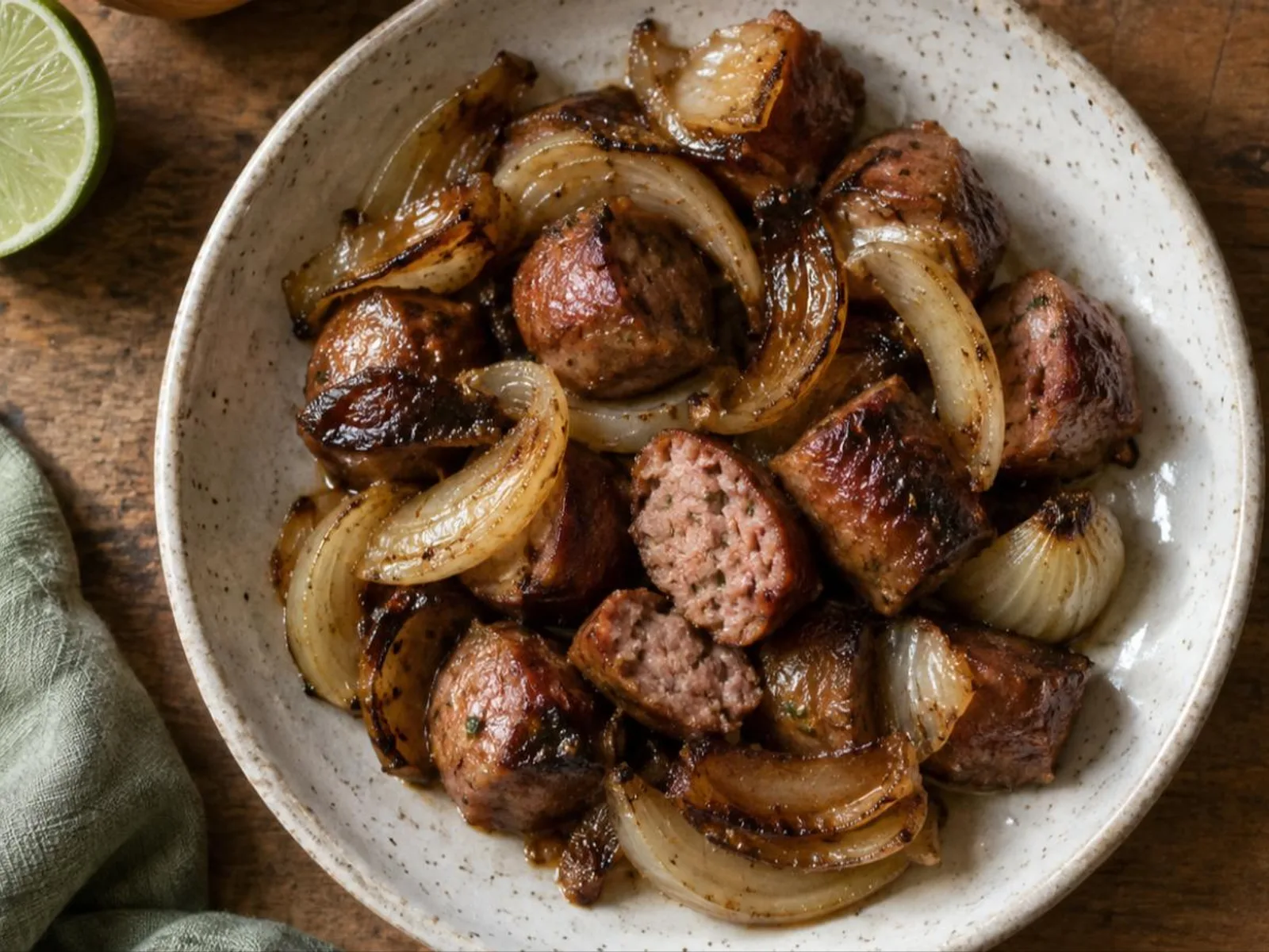 Linguiça acebolada na frigideira