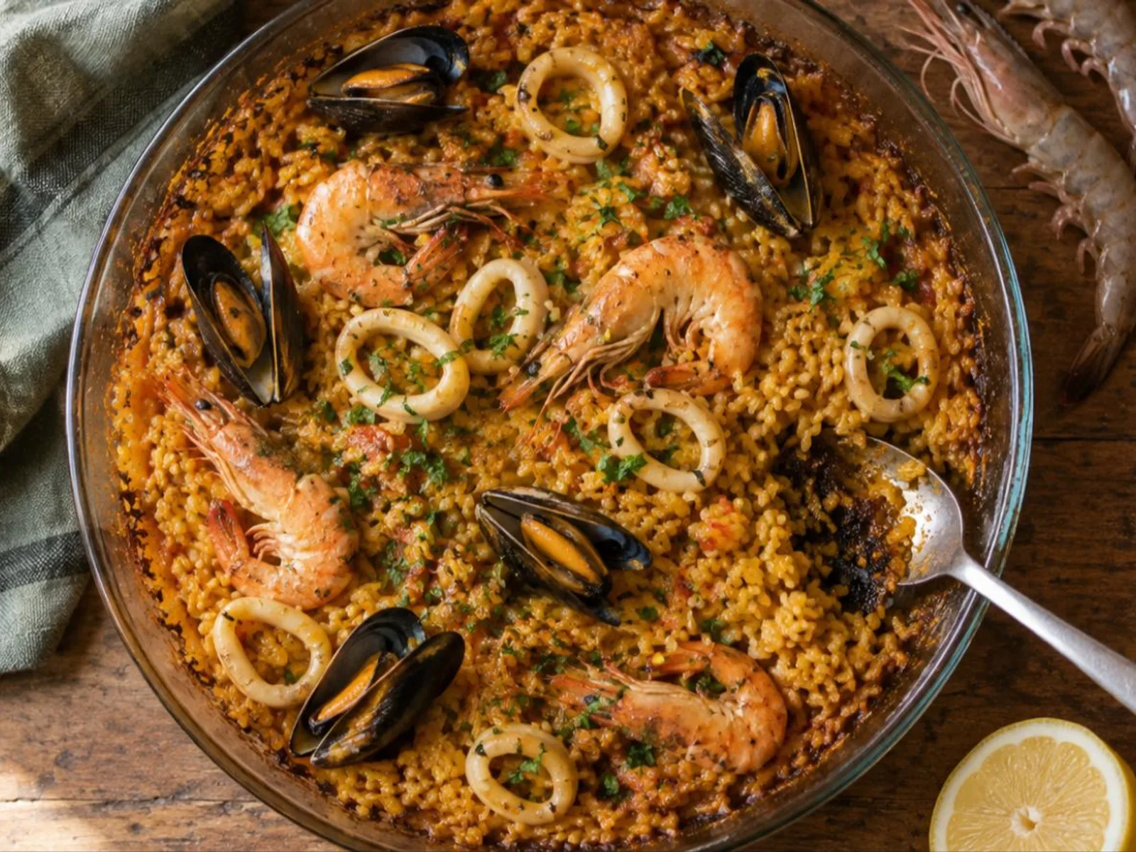 Paella de frigideira com frutos do mar