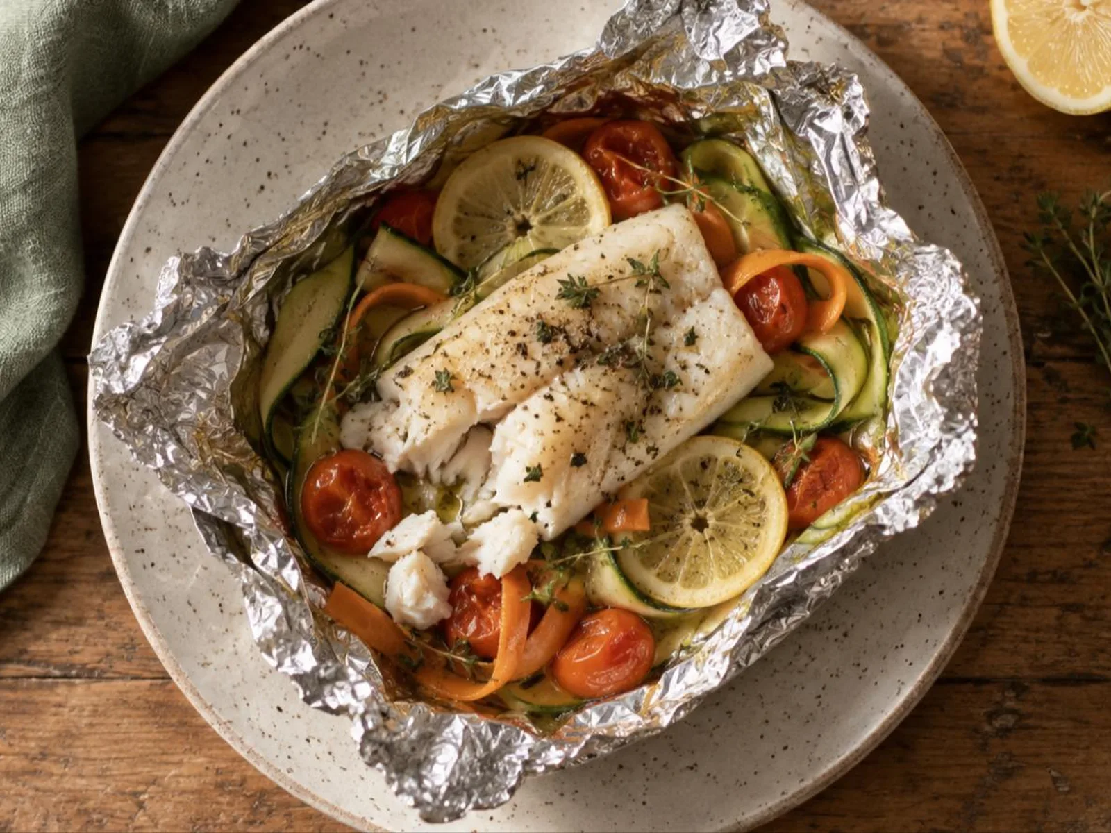 Peixe assado em papelote com legumes