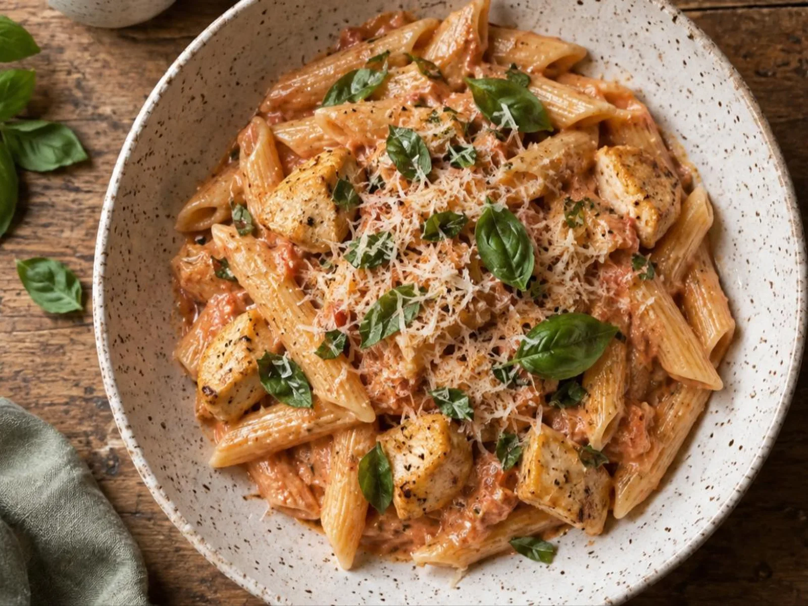 Penne ao molho rosé com frango