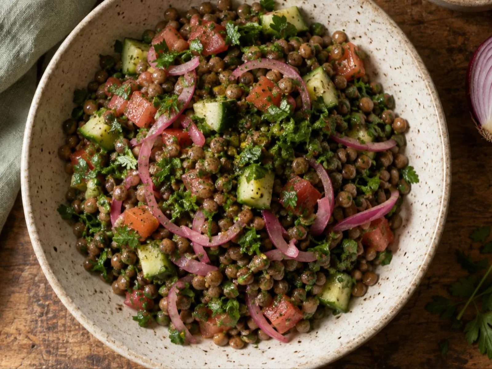 Salada de lentilha com cebola roxa
