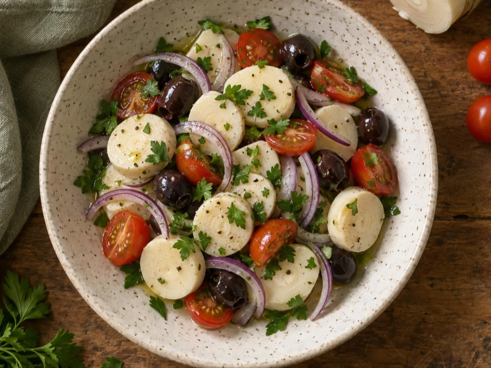 Salada de palmito com tomate-cereja