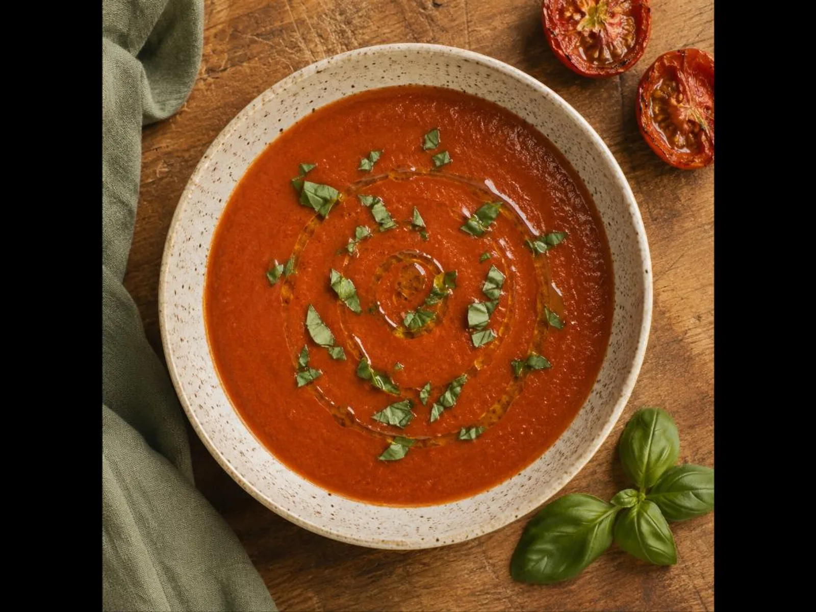 Sopa de tomate assado com manjericão
