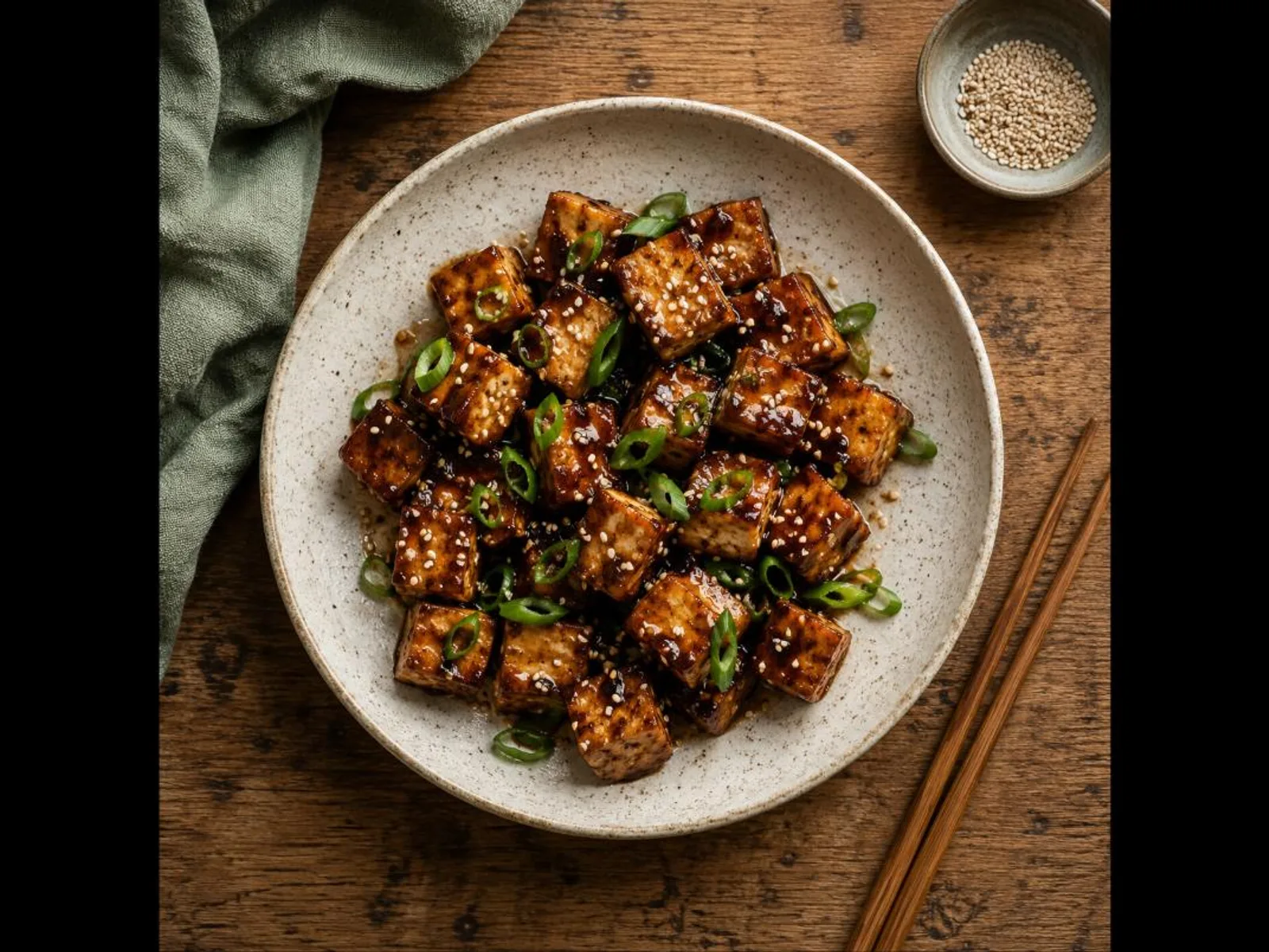 Tofu crocante com shoyu e gergelim